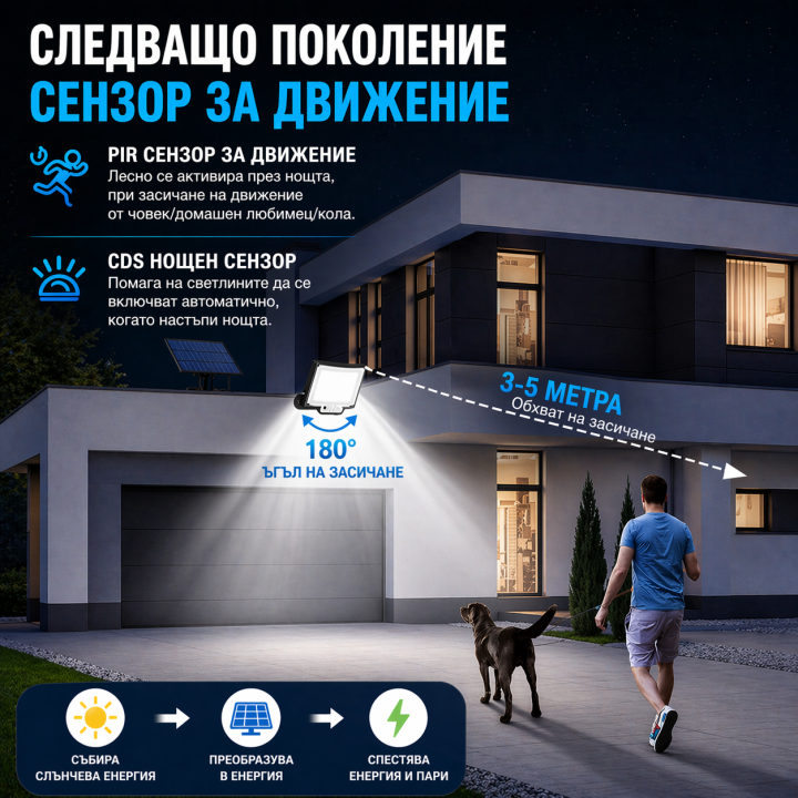 228 LED соларна лампа с датчик за движение и дистанционно | IP65, 3 режима, 2200mAh